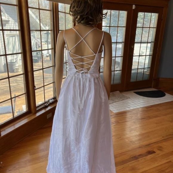 *LA Glo White Beaded Satin Strap X Back Bead Wedding Dress Bridal Gown Size 5 6 - Picture 8 of 13